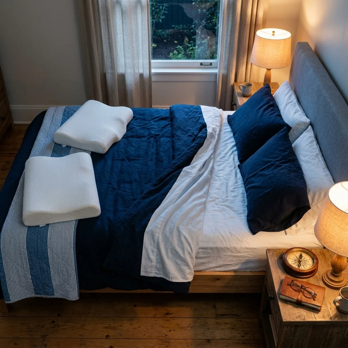 Lit double vu de haut au petit matin, couette froissée des deux côtés, lumière douce filtrant à travers un rideau clair