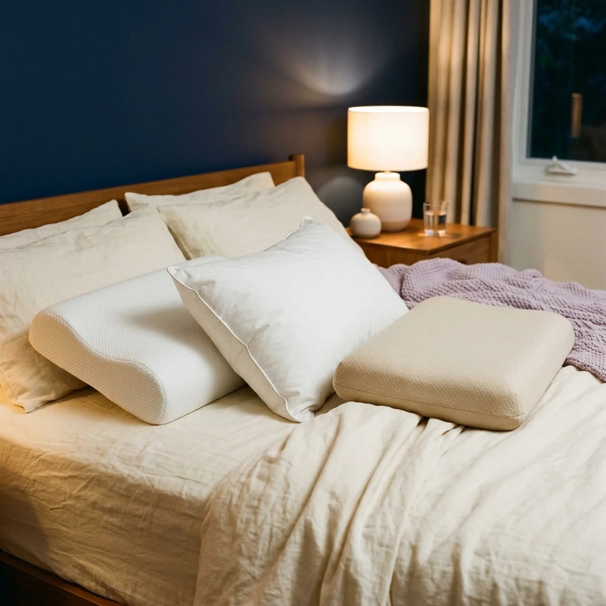 Trois types d'oreillers alignés sur un lit, un oreiller cervical à mémoire de forme, un oreiller en plumes et un oreiller en latex, sous une lumière chaude