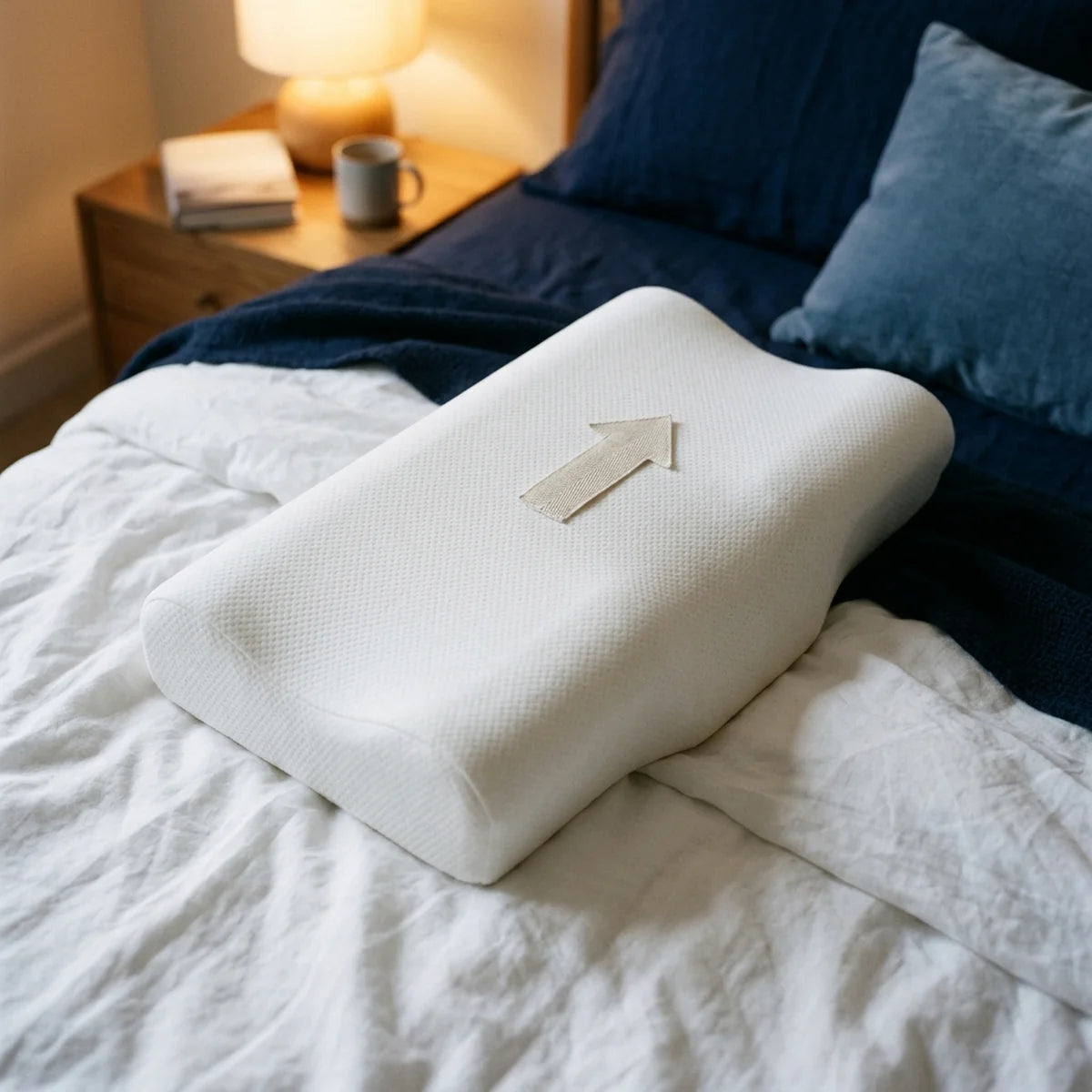 Oreiller ergonomique à mémoire de forme posé sur un lit défait, vague cervicale visible, lumière naturelle du matin