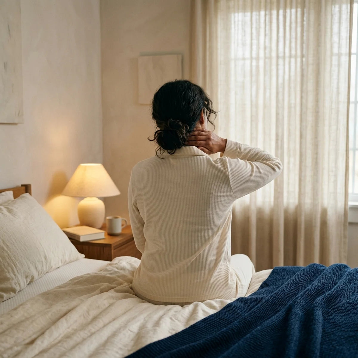 Femme vue de dos assise au bord du lit au petit matin, une main posée sur sa nuque, lumière douce de la lampe de chevet