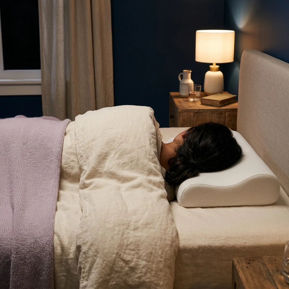 Personne vue de dos, allongée sur le côté sous une couette crème, la tête posée sur un oreiller ergonomique, dans une chambre à la lumière chaude