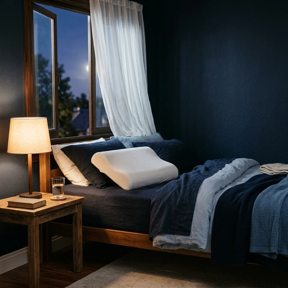 Chambre à coucher paisible avec un lit deux places défait, rideaux mi-clos et lumière matinale, sans personne visible