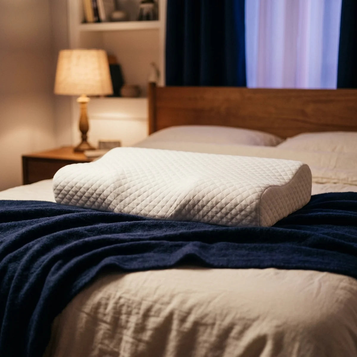 Oreiller ergonomique à mémoire de forme posé sur un lit aux draps crème, dans une chambre éclairée par une lampe de chevet chaude