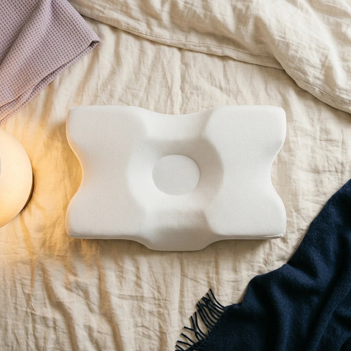 Oreiller papillon à mémoire de forme vu du dessus, avec son creux central, sa vague pour la nuque et ses deux ailes latérales, sur un drap crème