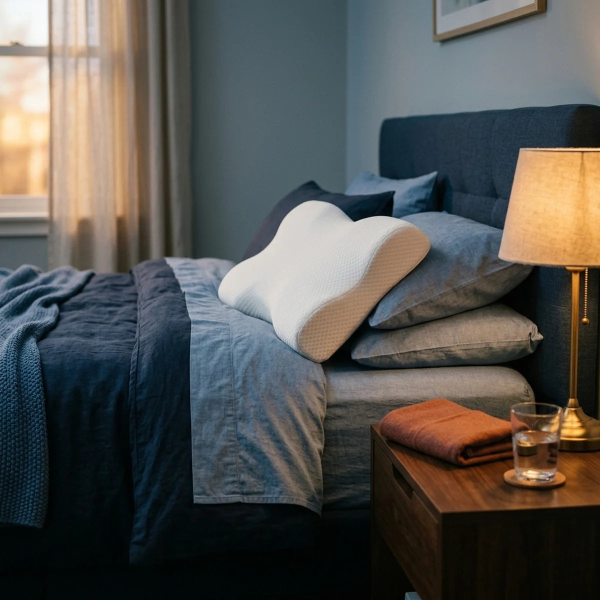 Chambre à coucher dans la pénombre du soir, lit défait avec un oreiller ergonomique éclairé par une lampe de chevet tamisée