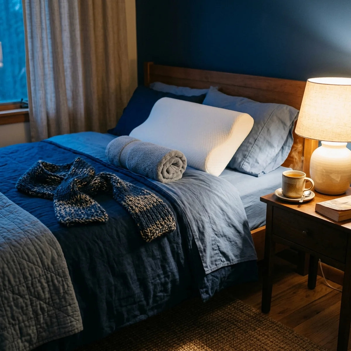 Lit défait dans une chambre lumineuse, oreiller ergonomique en évidence, bouillotte posée à côté sur le drap
