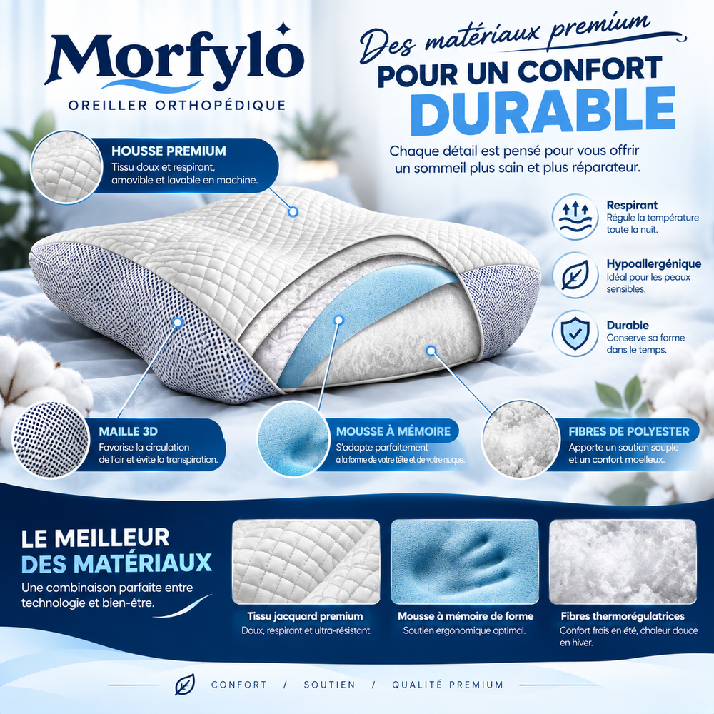 Matériaux de l'oreiller Morfylo : housse amovible lavable, maille 3D respirante, mousse à mémoire de forme
