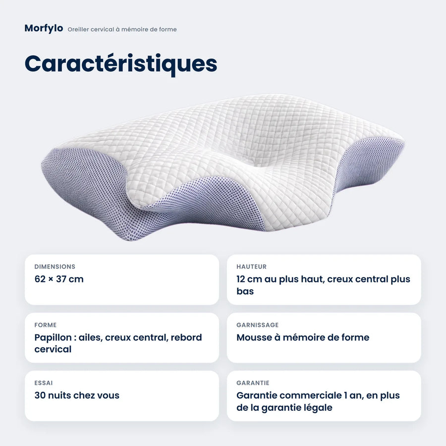 Caractéristiques de l'oreiller Morfylo : 62 × 37 cm, 12 cm au plus haut, forme papillon, mousse à mémoire de forme