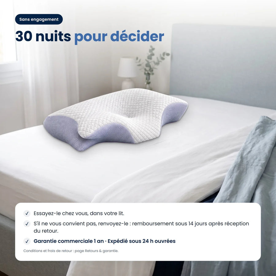 Oreiller Morfylo posé sur un lit, 30 nuits d'essai